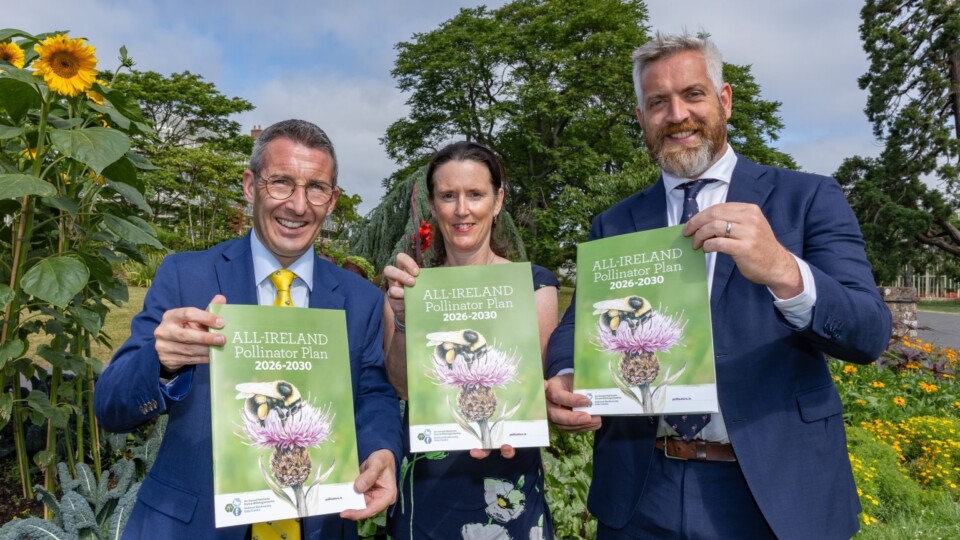 The plan was launched at the National Botanic Gardens, Dublin, by Andrew Muir,  Minister of Agriculture, Environment and Rural Affairs, Northern Ireland, Dr Una FitzPatrick, Co-founder of the All-Ireland Pollinator Plan and Chief Scientific Officer, National Biodiversity Data Centre and Christopher O’Sullivan TD, Ireland’s Minister for Nature, Heritage and Biodiversity. Photo: Dermot Byrne.