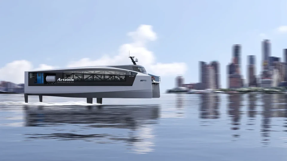 Electric foiling technology enabling vessels to rise above the water surface, reducing drag and improving energy efficiency.